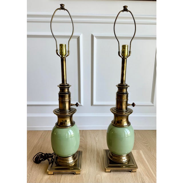 Mid-Century Modern Vintage Stiffel Celadon Green Ceramic & Solid Brass “Ostrich Egg” Table Lamps – Pair For Sale - Image 3 of 7
