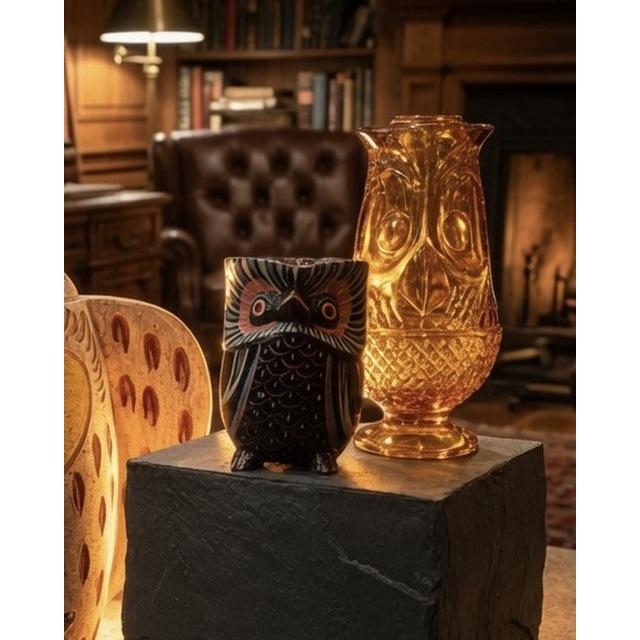 Glass Vintage Viking Art Glass Amber Owl Glimmer Fairy Lamp on Diamond Point Pedestal Base, Mid-Century Modern, C. 1969 For Sale - Image 7 of 7
