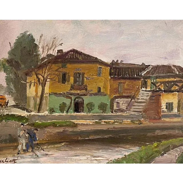 Oil on panel, figures along the canal, Pietro Virgilio Lietti, 20th century Refined painting depicting figures along a...