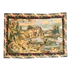 1970s Tapestry With Country Mill and Water Scene