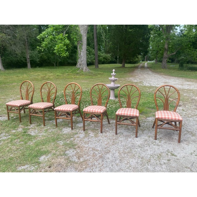 Vintage Rattan Dining Chairs - Mid Century Coastal Bamboo Dining Set - Palm Beach Regency Boho Kitchen Chairs (Set of 6) For Sale - Image 9 of 14