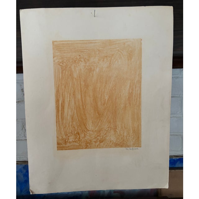 Original mid-century abstract monotype by French artist Yves Doeffreaux, executed in warm ochre tones with expressive,...