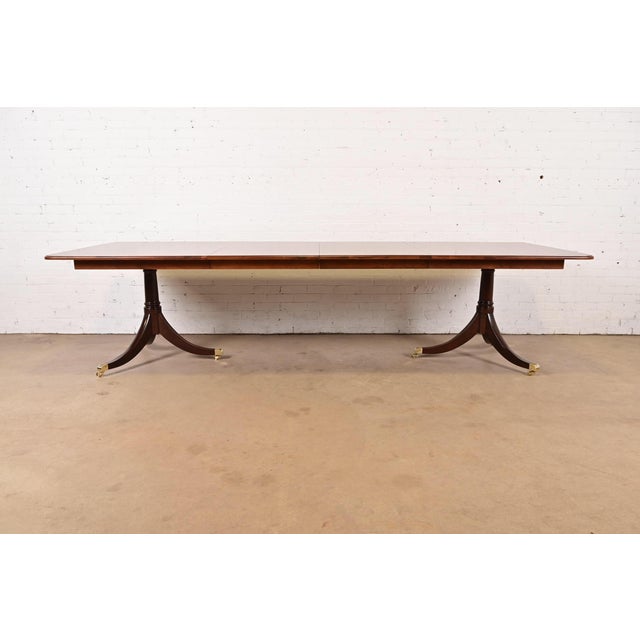 Mid 20th Century Baker Furniture Style Georgian English Yew Wood and Mahogany Double Pedestal Extension Dining Table, Newly Refinished For Sale - Image 5 of 12