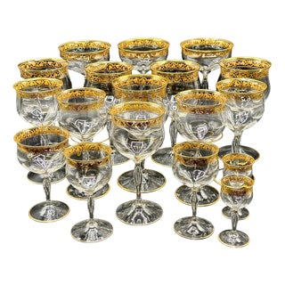 French Belle Époque Hand-Blown and Hand-Gilded Glass Champagne Coupes, Wine, Port and Liqueur Glasses, 1900s, Set of 18 For Sale