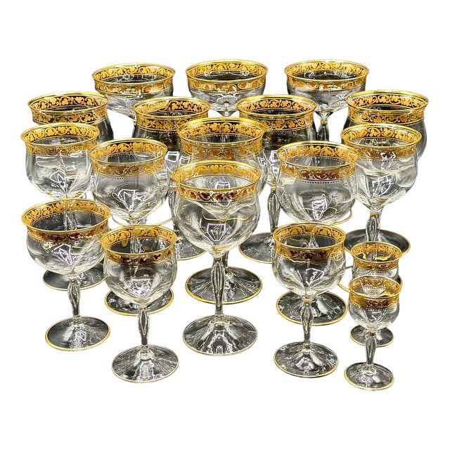 French Belle Époque Hand-Blown and Hand-Gilded Glass Champagne Coupes, Wine, Port and Liqueur Glasses, 1900s, Set of 18 For Sale