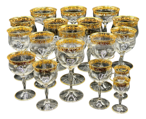 French Belle Époque Hand-Blown and Hand-Gilded Glass Champagne Coupes, Wine, Port and Liqueur Glasses, 1900s, Set of 18
