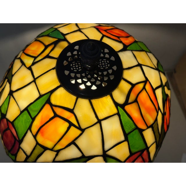 Vintage Tiffany Style Large Stained Glass Tulip Accent Lamp Antique Bronze Finisg Base 22"h For Sale - Image 12 of 12