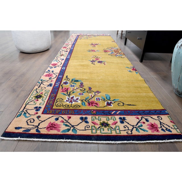 1970s Vintage Persian Handmade Wool Cotton Yellow Runner Rug For Sale - Image 4 of 11