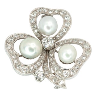 Mid 20th Century Vintage 14k White Gold Diamond Pearl Clover Pin Brooch For Sale