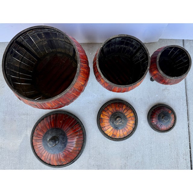 Set of Three Asian Jars in Bamboo & Metal For Sale - Image 4 of 7