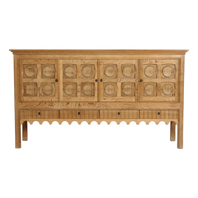 Large Brutalist Danish Sideboard in Oak with 4 Doors by Henning Kjærnulf, 1970s For Sale