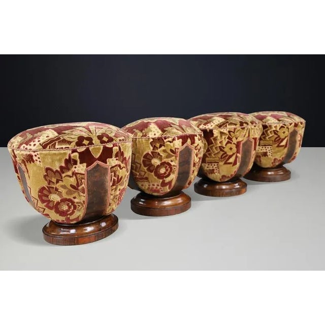 Textile Vintage Italian Art Deco Walnut and Velvet Poufs, 1930s, Set of 4 For Sale - Image 7 of 18