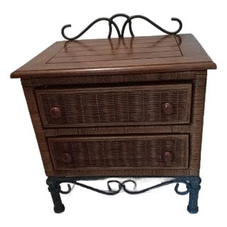 1980s Wicker Rattan Wood Metal Nightstand 2 Drawer Medium Tone Color For Sale