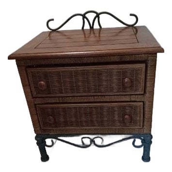 1980s Wicker Rattan Wood Metal Nightstand 2 Drawer Medium Tone Color For Sale