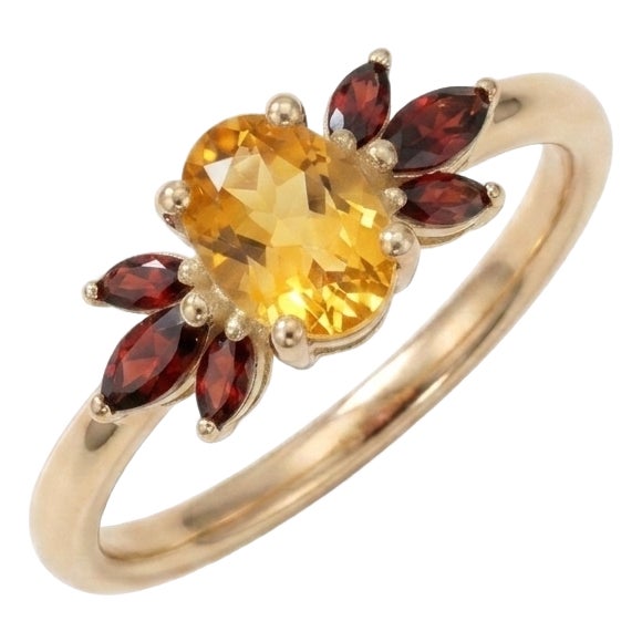 Citrine & Garnet Cluster Ring | Dainty Engagement Ring | Unique Floral Gemstone Ring Us 7 For Sale