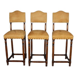 Vintage Suede Barstools With Nail Head Detail - Set of 3 For Sale