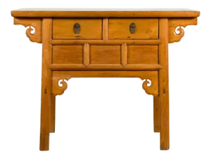 Chinese 19th Century Qing Dynasty Elm Table with Carved Spandrels and Drawers