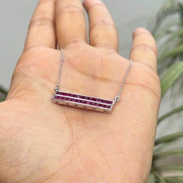 Metal 2.81 Ct Double Row Ruby Bar Necklace Pendant in Sterling Silver - Caratandher For Sale - Image 7 of 15