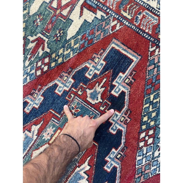 Textile Vintage Tribal Kazak Medallions With Greens & Yellows Rug - 6 X 6.9 For Sale - Image 7 of 10