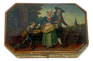 German Painted, Lacquered Tooled Leather Sewing Box / Etui