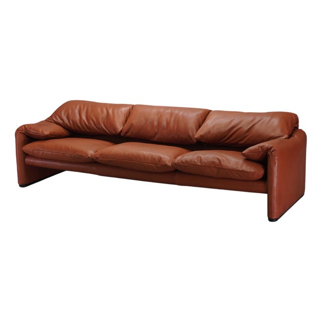 Cognac Leathered Maralunga Sofa by Vico Magistretti for Cassina, 1970s For Sale