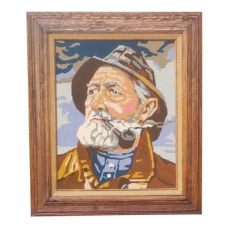 Vintage Needlework Textile Portrait of a Sea Captain Smoking a Pipe, Framed For Sale