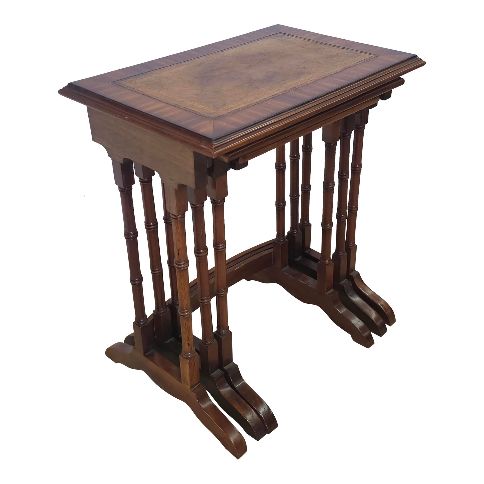 Late 20th Century Set of Three Mahogany Faux Bamboo and Leather Nesting ...
