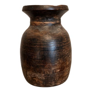 Vintage Himalayan-Style Carved Wooden Milk Pot – Sculptural Vessel With Aged Patina For Sale
