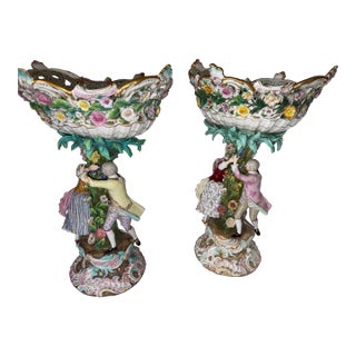 Monumental Pair of Meissen Rococo Figural Compotes With Applied Floral Garlands, Circa 1900 For Sale