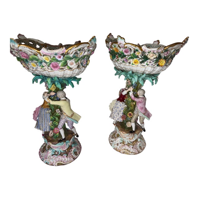 Monumental Pair of Meissen Rococo Figural Compotes With Applied Floral Garlands, Circa 1900 For Sale
