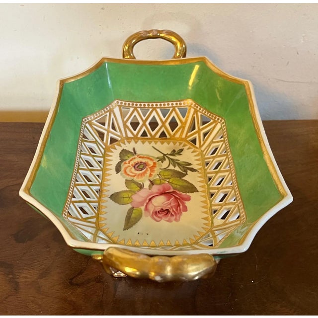 Green Antique Early 19th Century English Porcelain Reticulated Chestnut Basket or Fruit Bowl With Hand Painted Flowers 1820 For Sale - Image 8 of 13