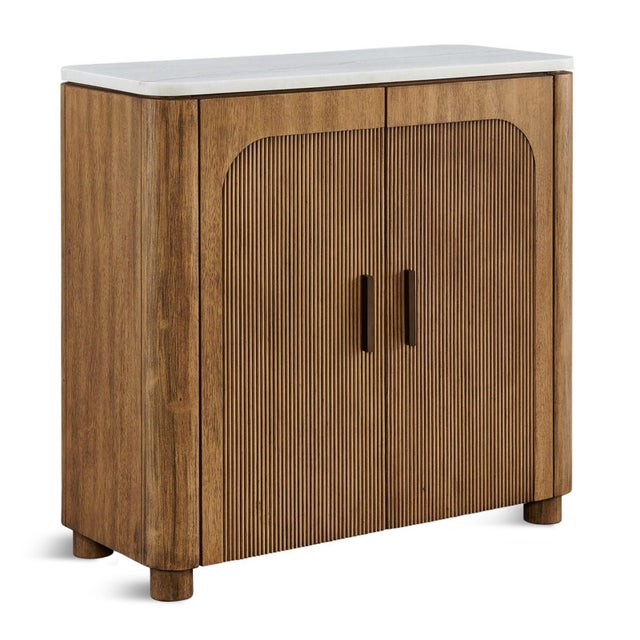 Crafted from warm-toned acacia wood, this elegant nightstand pairs beautifully with a softly rounded white marble top for...