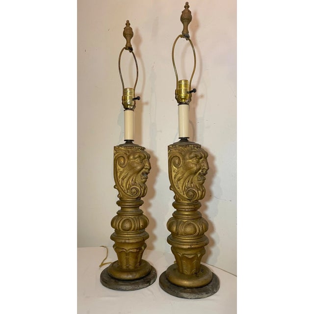 Pair Antique Large Hand Carved Victorian Wood Architectural Salvage Table Lamps For Sale - Image 10 of 14