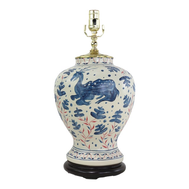 Vintage Brunschwig & Fils Cadiz Table Lamps - Blue and Cream Ceramic With Boar and Deer Motif For Sale