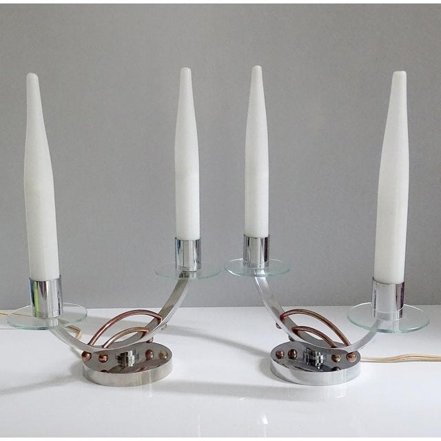 French Art Deco Table Lamps in Chrome and Glass, Set of 2 For Sale - Image 4 of 18