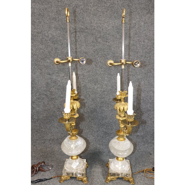Pair French Louis XV Style Bronze Ormolu & Rock Crystal Lamps For Sale - Image 10 of 14