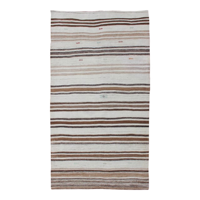 Striped Turkish Vintage Kilim Flat-Weave Rug in Shades of Browns Taupe and Ivory For Sale