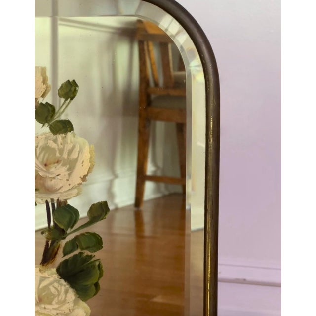 Art Deco Brass and Beveled Mirror Fire Screen With Painted Flowers, 1920s For Sale - Image 4 of 11