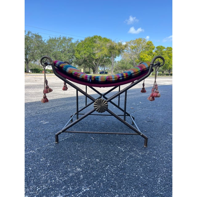 Vintage Hollywood Regency Campaign Style Wrought Iron Curved Sling Bench For Sale - Image 12 of 12
