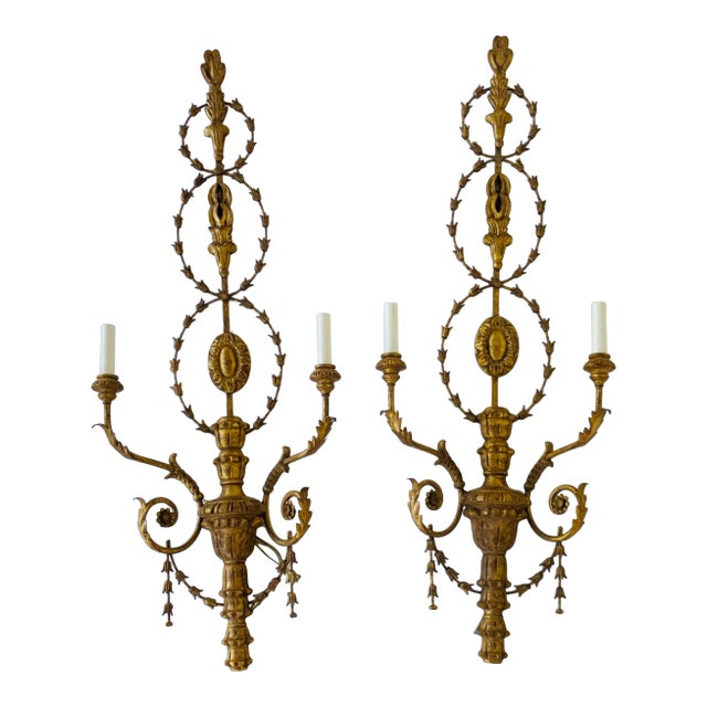 Myran Allan Luxury Lighting Italian Craved Wood Gold Sconces Pair For Sale