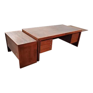 1960s Vintage Sigurd Hansens Danish Rosewood Executive Desk With Extendable Side Leaf and Matching Rosewood File Cabinet - Set of 2