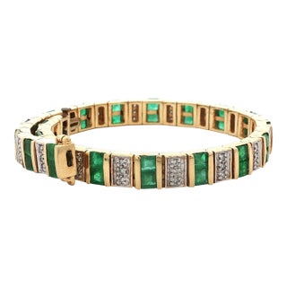 1980s 14k Yellow Gold Emerald & Diamond Bracelet For Sale