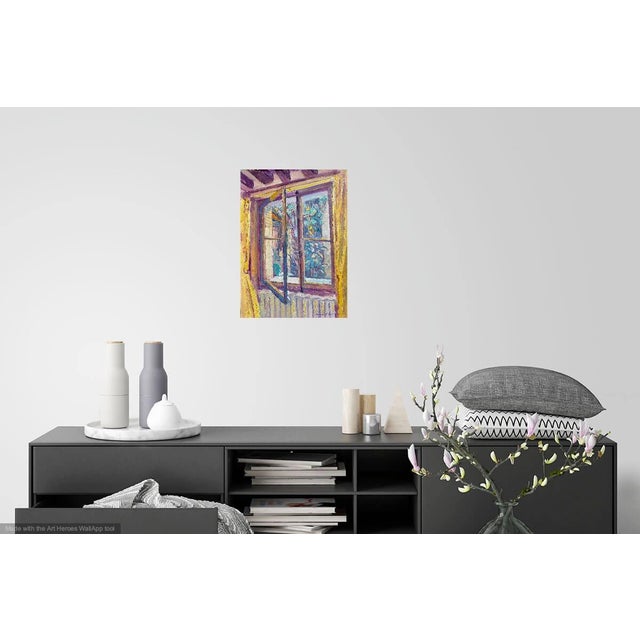 Free Shipping Original painting of a view from inside an open window in a beautiful country house in France. Plants are in...