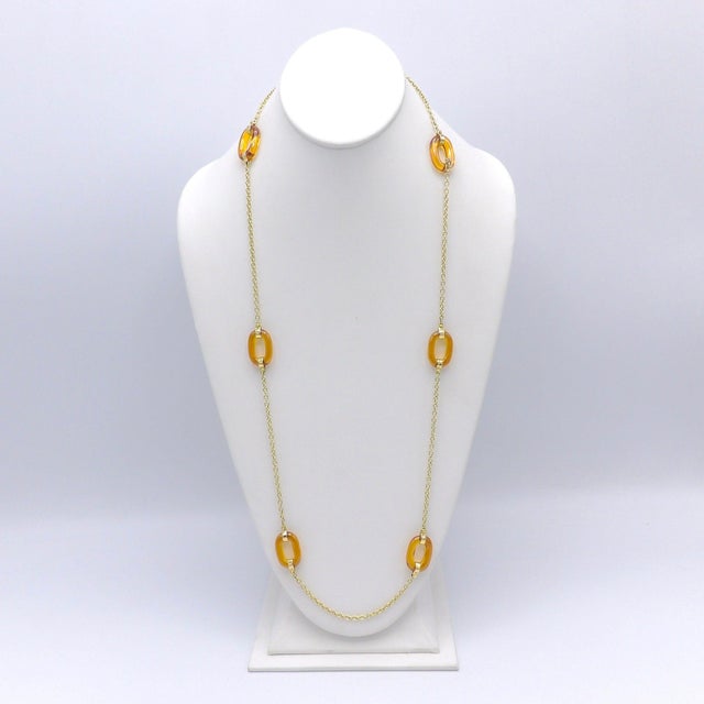 1970s 14k Gold and Amber Glass Oval Link Station Necklace Chain For Sale - Image 9 of 9