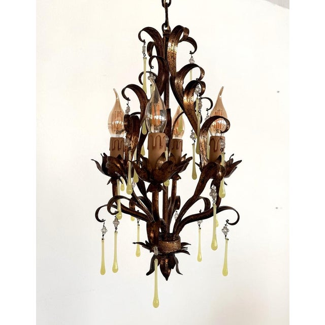 Mid-Century Modern Italian Murano Glass Gilt Chandelier with Yellow Glass Drops, 1960s For Sale - Image 15 of 16