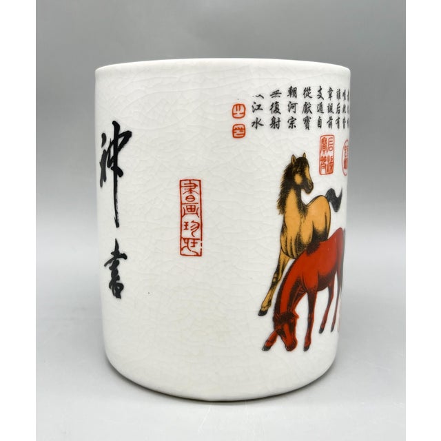 Chinoiserie Vintage Chinese Porcelain Brush Pot With Eight Horses Motif & Calligraphy — Chinoiserie / Asian Traditional For Sale - Image 3 of 14