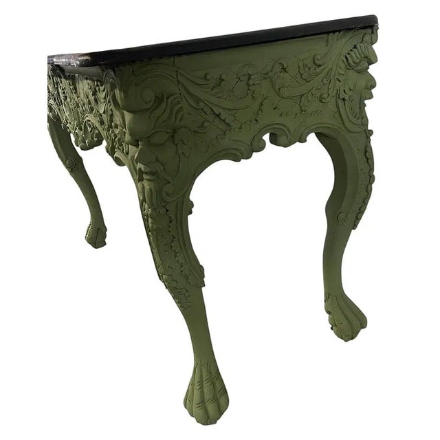 Traditional Antique Style Carved Green Wood Marble Top Console Table. For Sale - Image 3 of 4
