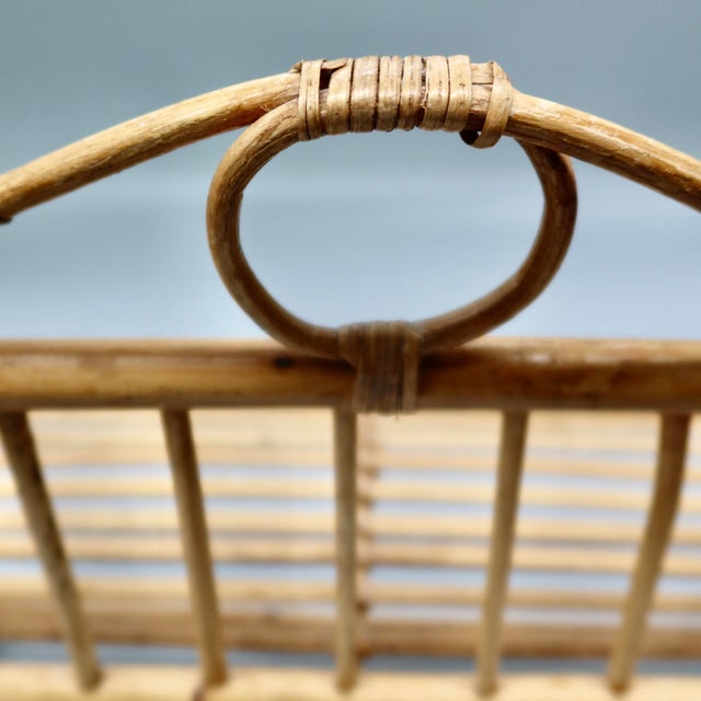 Wood Vintage Boho Bamboo & Rattan Wall Shelf With Towel Bar — Scroll Arm Design For Sale - Image 7 of 7