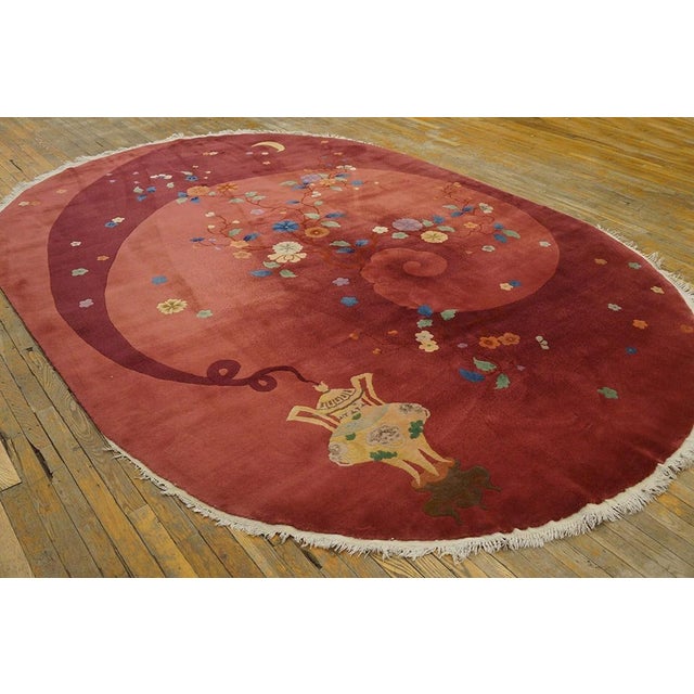 Fabuluos Red Background Color With Delicate Floral Design Antique Chinese Art Deco Rug For Sale - Image 4 of 9
