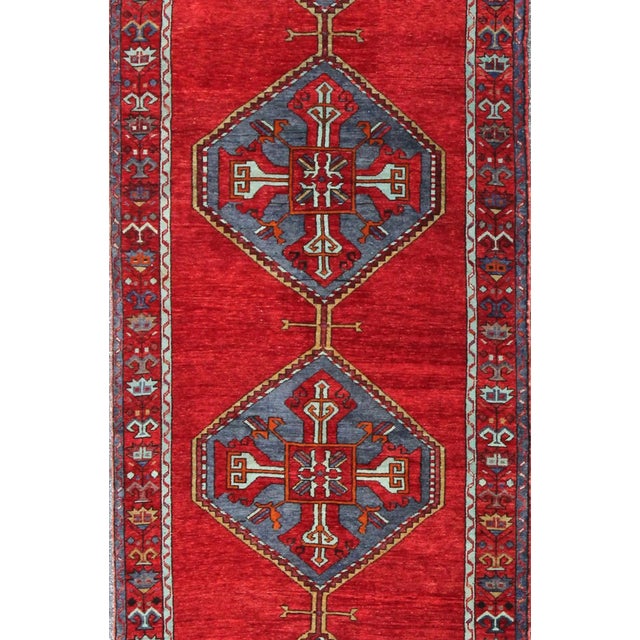 Turkish Colorful Turkish Wide Runner in Rich Red and Steel Blue 3'10 X 12'7 For Sale - Image 3 of 7